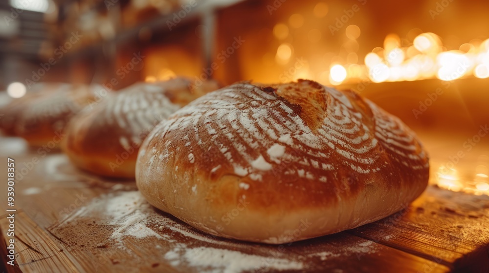 Loaves of bread rest on a wooden board, emanating warmth from the nearby oven as they cool down Loaves of bread rest on a wooden board, emanating warmth from the nearby oven as they cool down