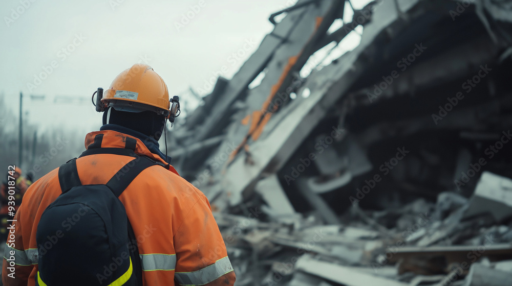 Fototapeta premium Rescue Worker Surveying Rubble After Building Collapse During Disaster Response