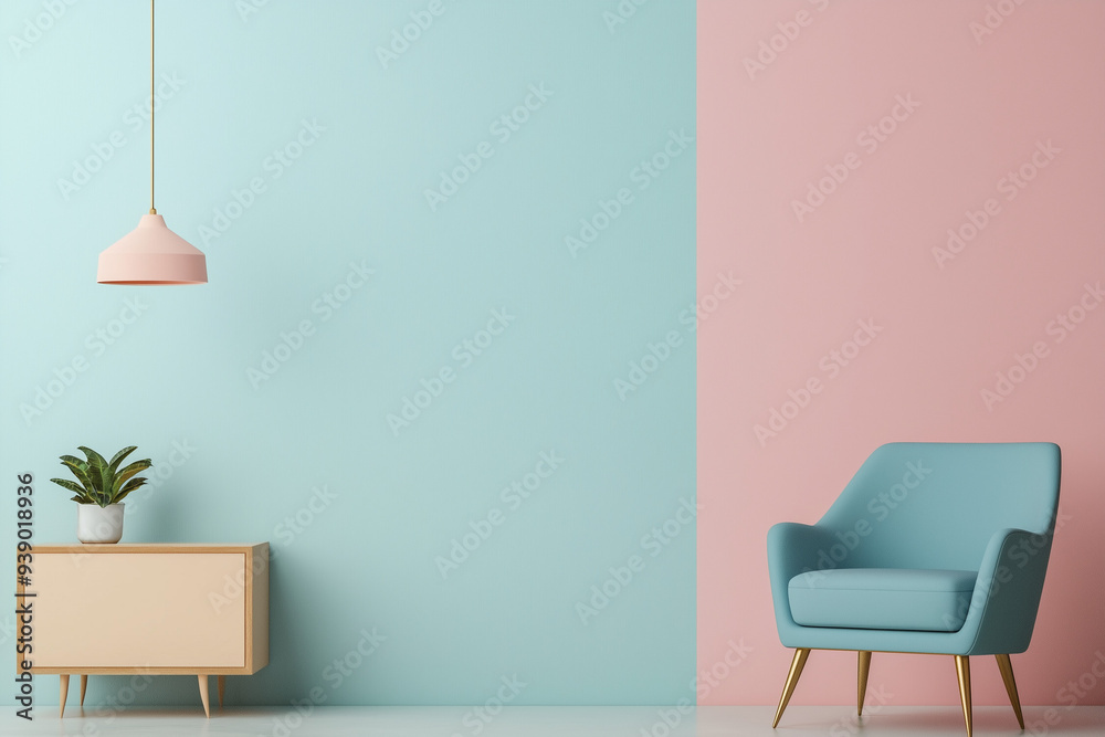 Fototapeta premium Minimalist Interior with Blue Armchair, Wooden Cabinet, and Pendant Light Against Pastel Pink and Blue Walls with Copy Space