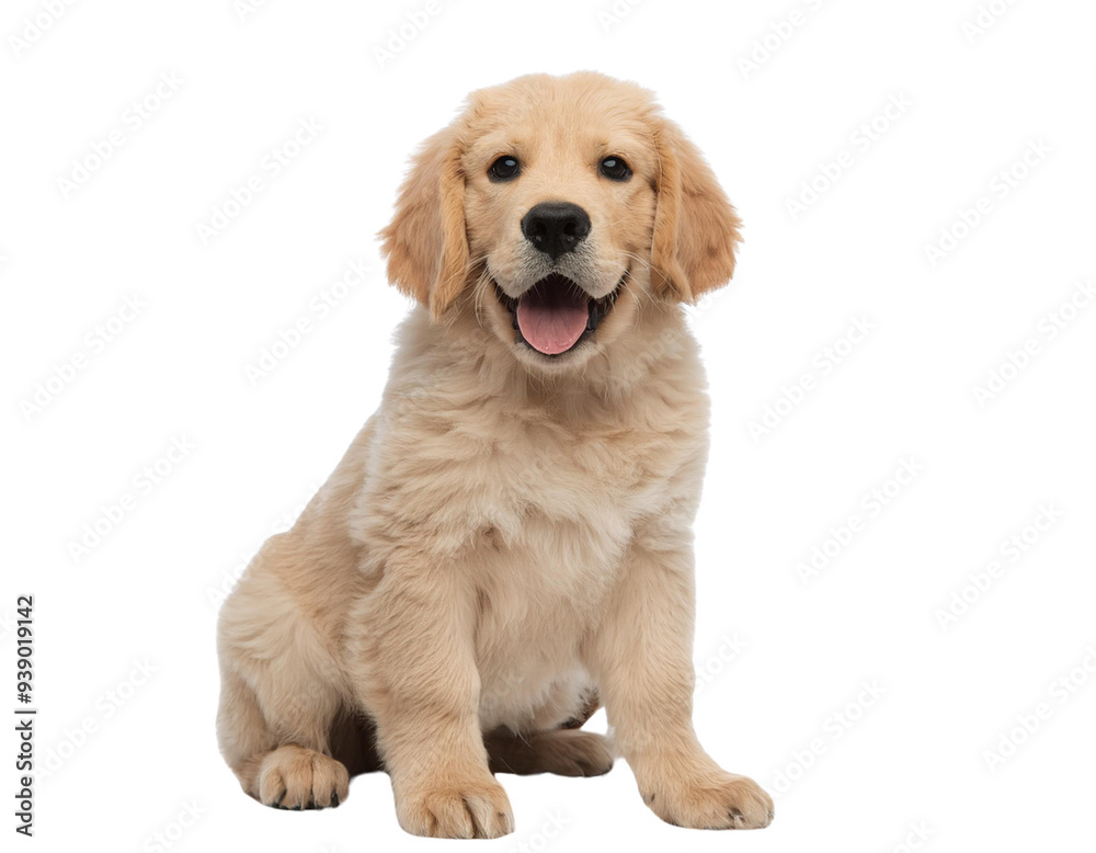 Happy Golden Retriever Puppy Sitting and Smiling Happy Golden Retriever Puppy Sitting and Smiling