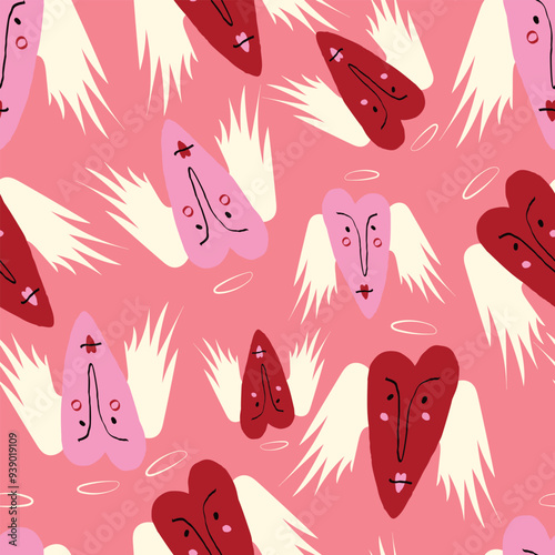 Bright Valentines Day seamless pattern with cool angels hearts. Valentine characters background