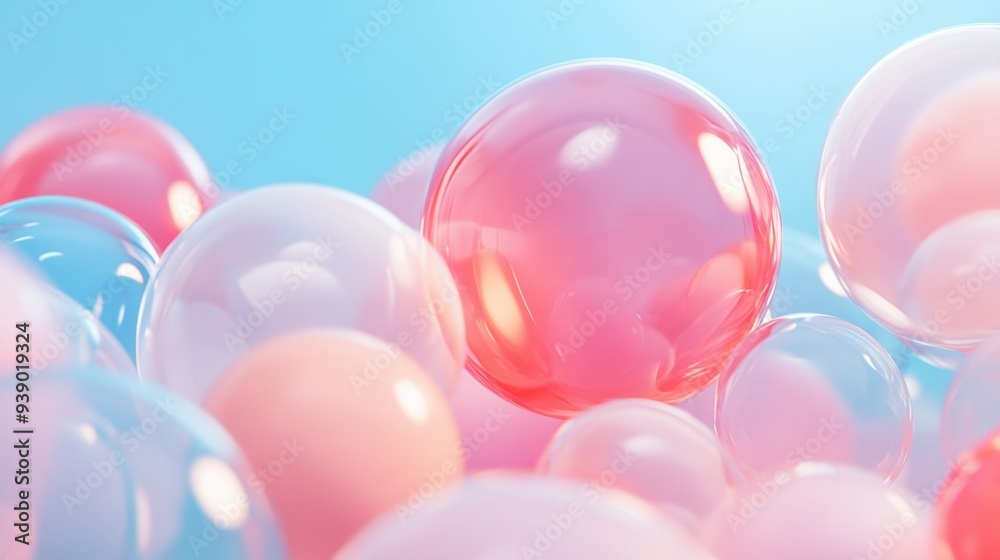 A bunch of pink and clear spheres are floating in the air A bunch of pink and clear spheres are floating in the air