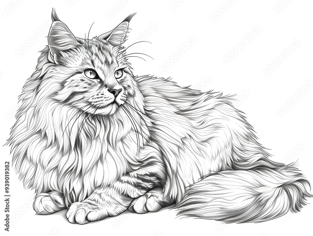 Norwegian Forest Cat black and white illustration Norwegian Forest Cat black and white illustration