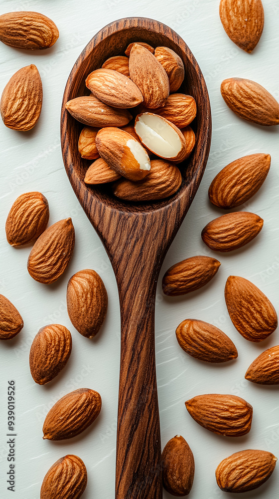 A spoonful of almonds is shown with a pile of almonds on a white background A spoonful of almonds is shown with a pile of almonds on a white background