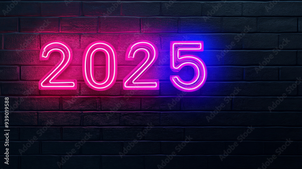 Obraz premium 2025 neon number electric noir sign on brick wall background hot pink exciting nightlife urban city noir energy success celebration victory New Year concept New Years Eve party destination address