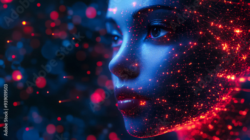 A woman's face is made of glowing red and blue lights