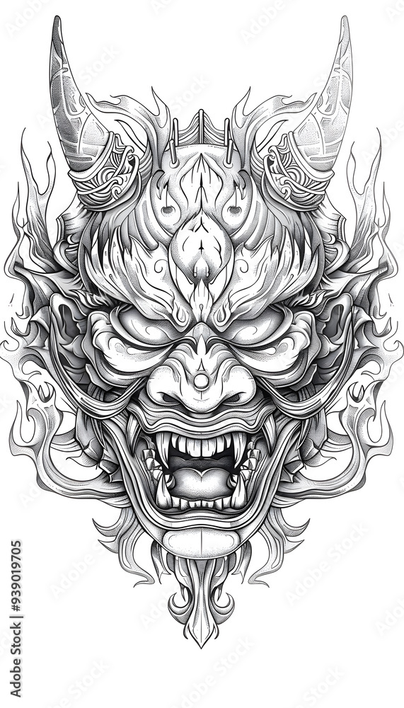 Oni Mask black and white illustration Oni Mask black and white illustration