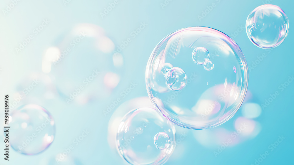 Aesthetic transparent soap bubbles floating on pastel blue background. Detergents and cleaning products. Generative AI Aesthetic transparent soap bubbles floating on pastel blue background. Detergents and cleaning products. Generative AI