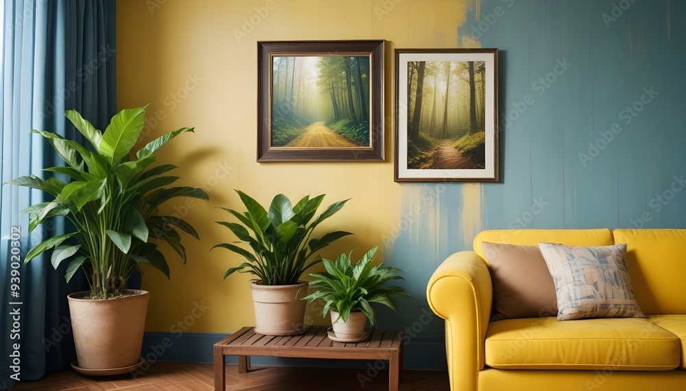 Interior mockup In a white room a blue sofa is placed next to a photo frame on the wall Interior mockup In a white room a blue sofa is placed next to a photo frame on the wall