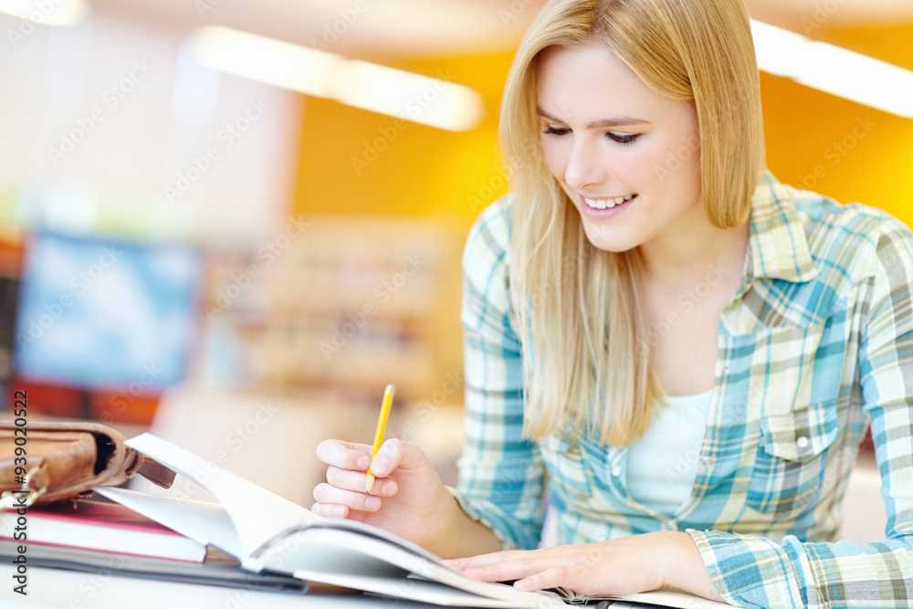 Girl, college student and learning with book at library for research, reading and development. Person, woman and ideas at university, campus and review for info, scholarship and studying in Germany Girl, college student and learning with book at library for research, reading and development. Person, woman and ideas at university, campus and review for info, scholarship and studying in Germany