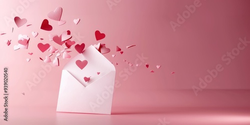 Paper craft envelope and Valentines hearts on a pink pastel background. photo