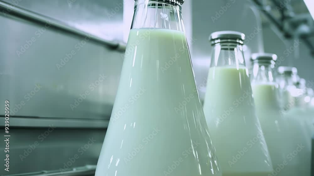 Milk bottles on a production line in a factory setting Milk bottles on a production line in a factory setting