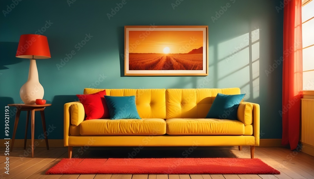 Interior mockup In a white room a blue sofa is placed next to a photo frame on the wall Interior mockup In a white room a blue sofa is placed next to a photo frame on the wall
