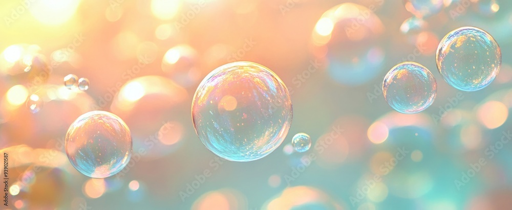 Delicate Banner with Soap Bubbles Floating Over Pastel Background Delicate Banner with Soap Bubbles Floating Over Pastel Background