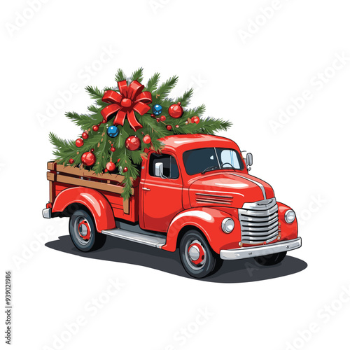 Vibrant Red Truck with Christmas Tree and Ornaments