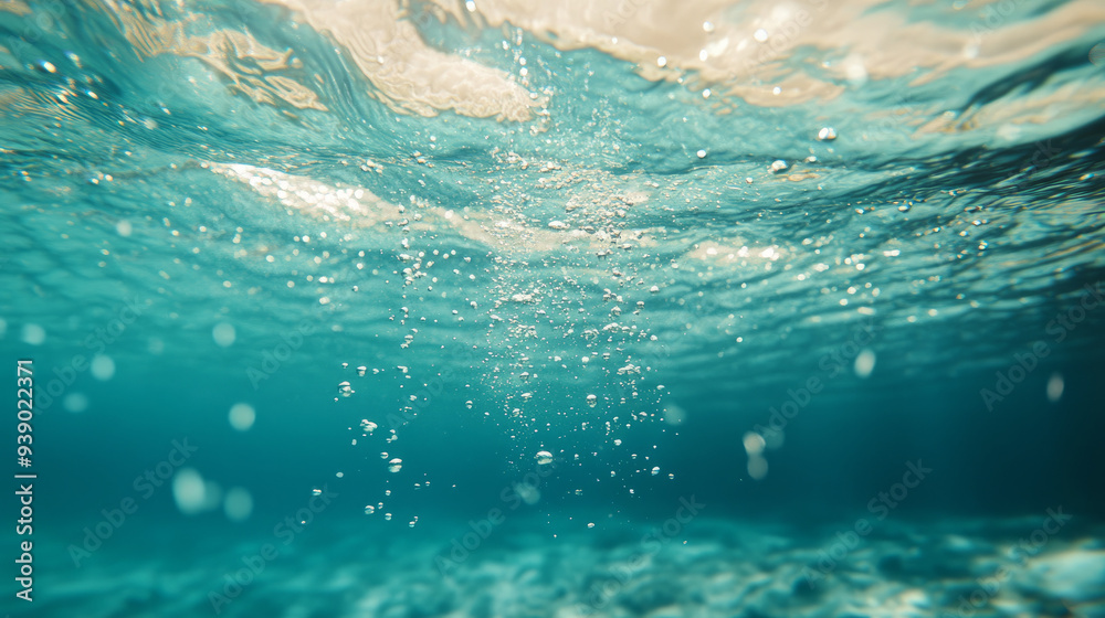 Underwater view topical turquoise water bubbles rising to surface with ripples waves rays of sunlight tranquil vacation weekend marine aquatic environmental concepts climate change