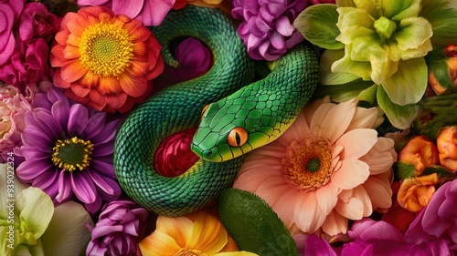 Green wooden snake coiled a...