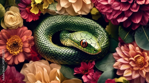 Green wooden snake coiled a...
