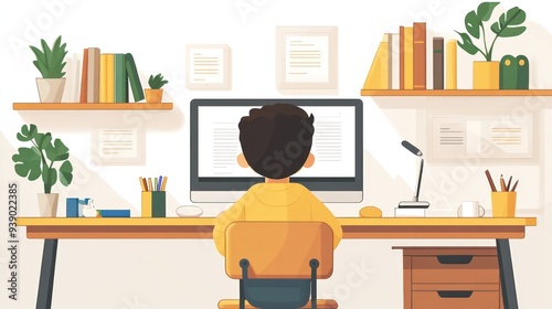 A boy is sitting at a desk with a computer monitor in front of him