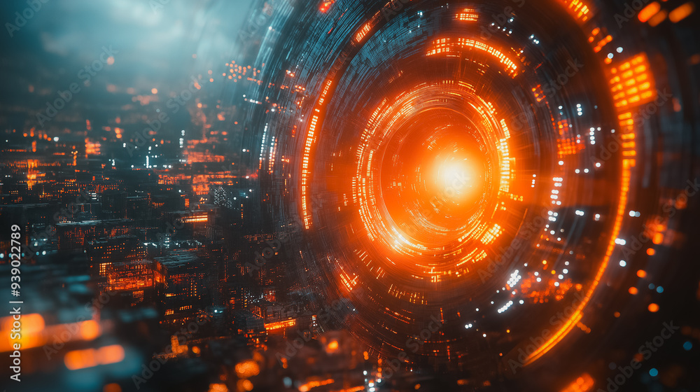Fototapeta premium A glowing orange circle with a city in the background. The city is lit up with neon lights and the circle is surrounded by a bright orange glow. The image gives off a futuristic and otherworldly vibe
