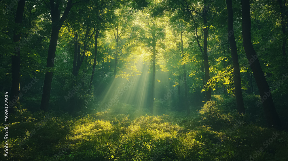 A forest with sunlight shining through the trees. The light is bright and warm, creating a peaceful and serene atmosphere. The trees are tall and green, with leaves that are full and healthy A forest with sunlight shining through the trees. The light is bright and warm, creating a peaceful and serene atmosphere. The trees are tall and green, with leaves that are full and healthy