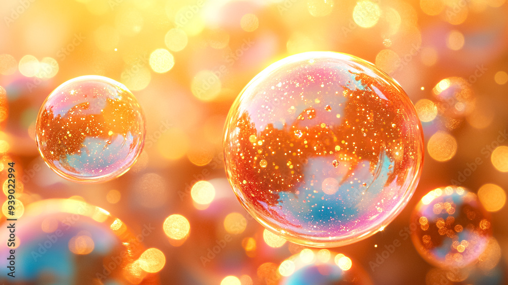 Three large, colorful, and shiny spheres, each with a different color Three large, colorful, and shiny spheres, each with a different color