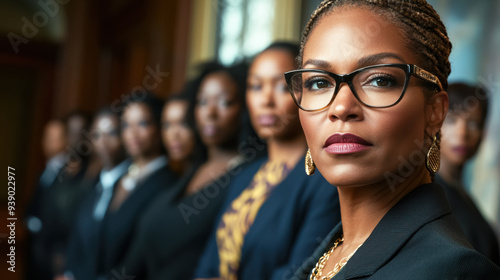 Confident Political Leader with Her Team. A powerful image of a black woman wearing glasses, standing confidently with her team of professional women blurred in the background.
