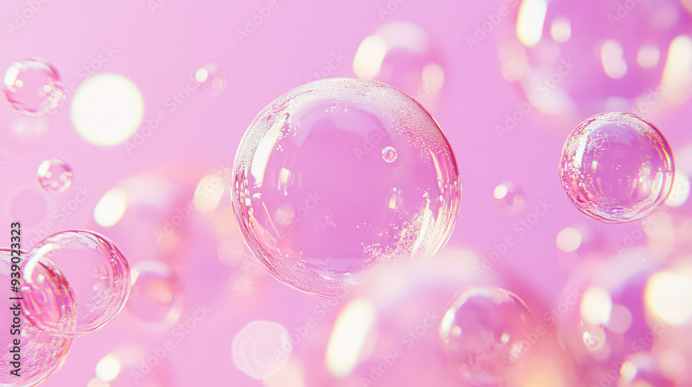 Aesthetic transparent soap bubbles floating on a pastel pink background. Detergents and cleaning products. Generative AI