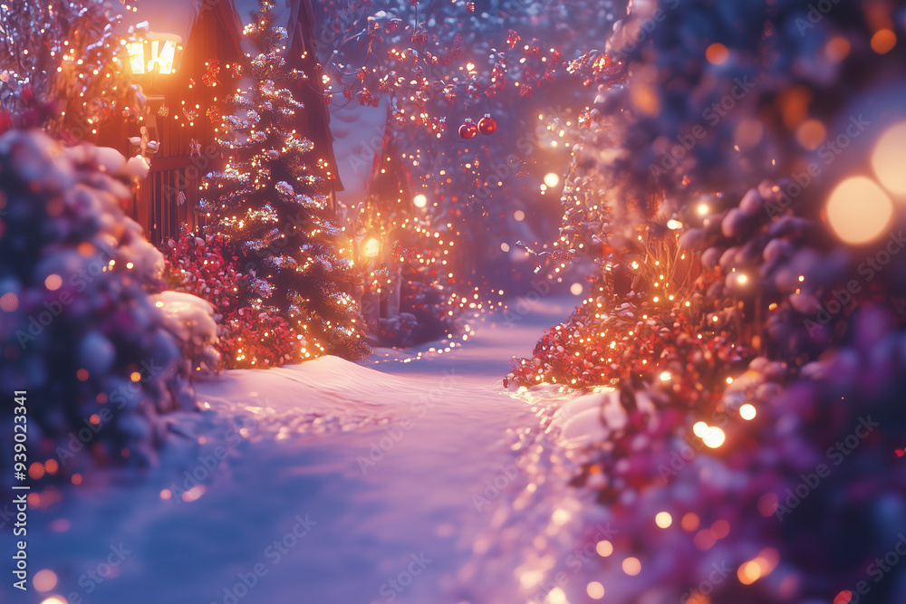 Naklejka premium Enchanted Snowy Christmas Village Path