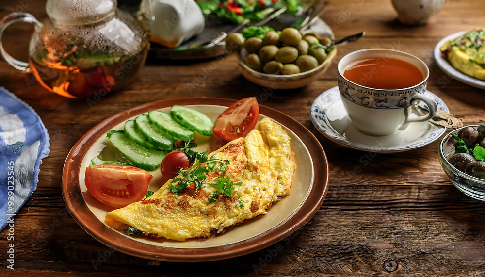 Breakfast with Omelette, cheese, olives, tomatoes and tea. still life photography . Breakfast with Omelette, cheese, olives, tomatoes and tea. still life photography .