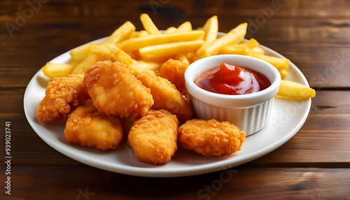 Crispy chicken nuggets and fries with tomato sauce - fast food concept, I love fast food