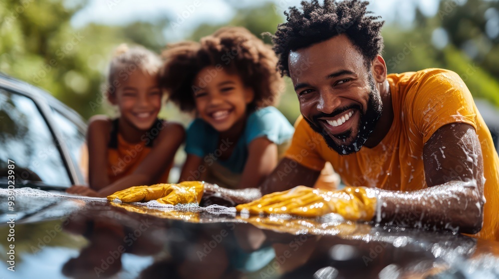 Fototapeta premium Diverse family washing cars together By parents and children Work as a team to complete the task.