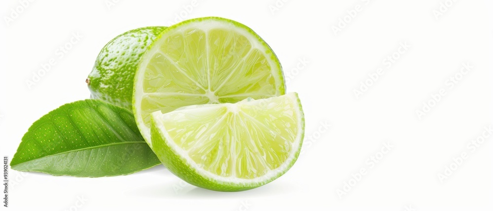A lime is cut in half and resting on a leaf A lime is cut in half and resting on a leaf