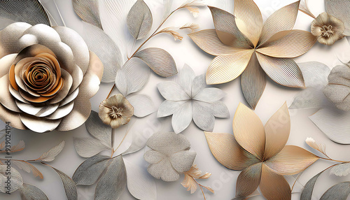 Floral pattern with pastel color flowers and leaves - botanical illustration. Flower background