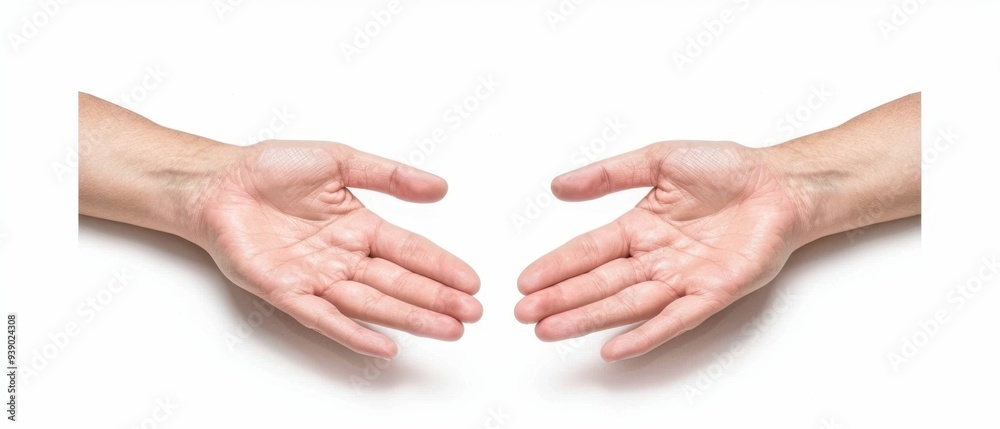 Two hands are shown, one on top of the other, with the fingers spread out Two hands are shown, one on top of the other, with the fingers spread out