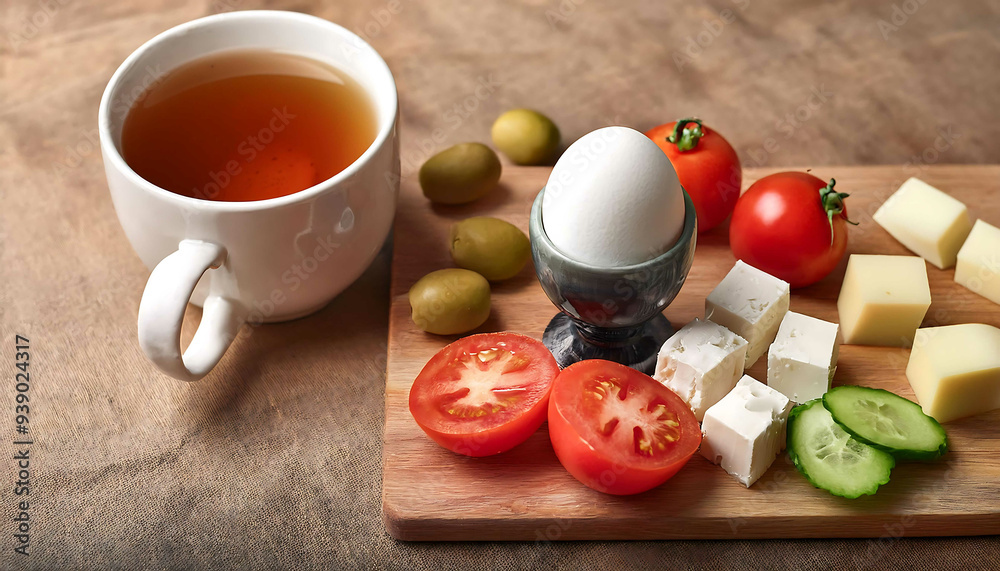 Traditional breakfast with boiled egg and tea. Still life photo. Boiled egg, cheese, tomatoes, olive and tea Traditional breakfast with boiled egg and tea. Still life photo. Boiled egg, cheese, tomatoes, olive and tea