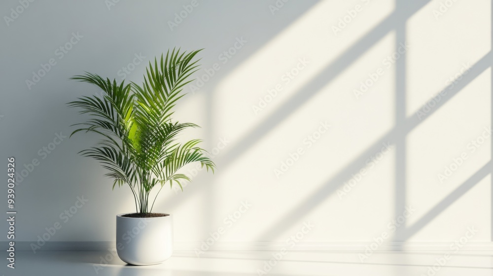 Fototapeta premium A potted palm tree in a white room with sunlight streaming through a window, casting shadows on the wall.