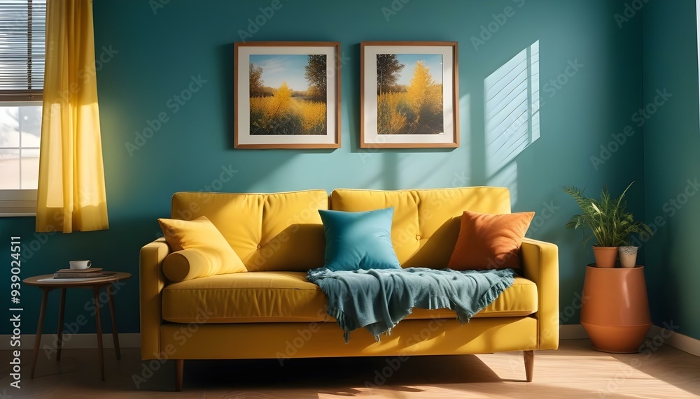Interior mockup In a white room a blue sofa is placed next to a photo frame on the wall Interior mockup In a white room a blue sofa is placed next to a photo frame on the wall