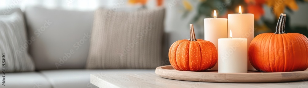 Cozy autumn scene featuring orange pumpkins and lit candles on a table, perfect for seasonal decoration and celebration. Cozy autumn scene featuring orange pumpkins and lit candles on a table, perfect for seasonal decoration and celebration.
