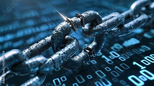 A broken chain breaking in half, symbolizing the break with digital security, with a background of blue and white binary code representing data and technology