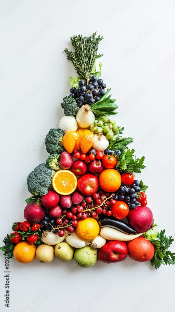 Variety of vegetables and fruits in triangle shape like a Christmas tree, light background, copy space. Generative AI Variety of vegetables and fruits in triangle shape like a Christmas tree, light background, copy space. Generative AI