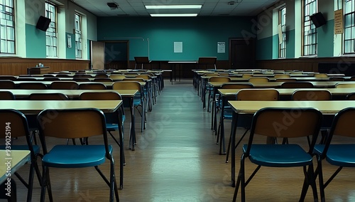 Empty Classroom with Blue Chairs and Wooden Desks in Rows