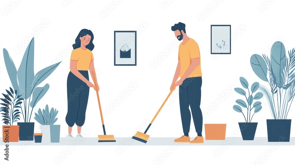 Fototapeta premium Two people are cleaning a room with a broom