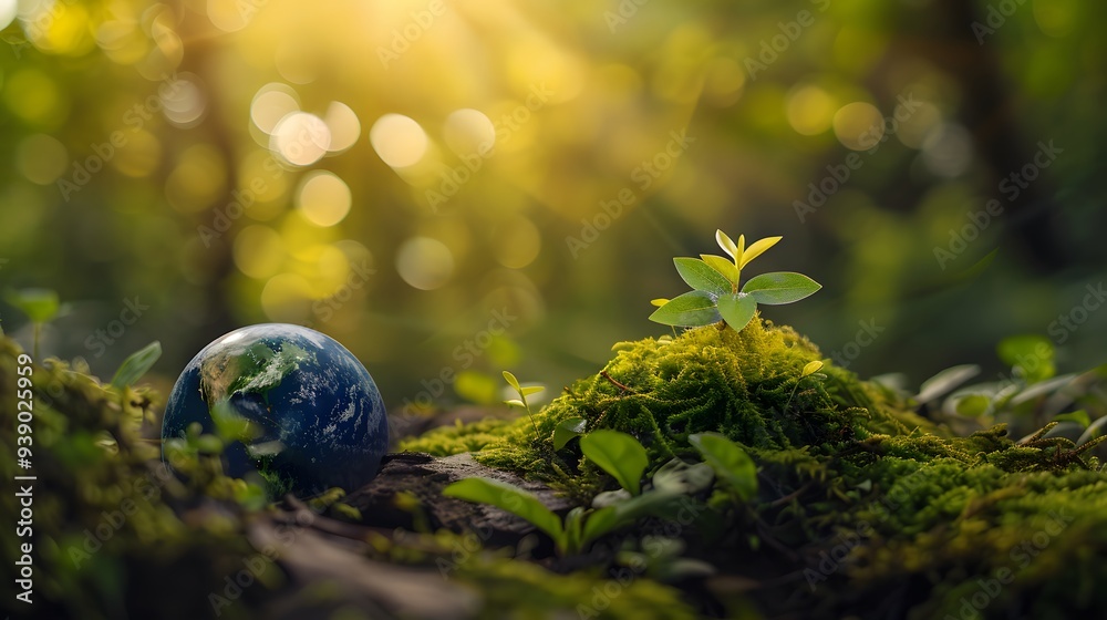 Green planet Earth with growing plants on mossy ground in a forest nature background