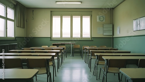 Empty Classroom with Rows of Desks and Chairs2