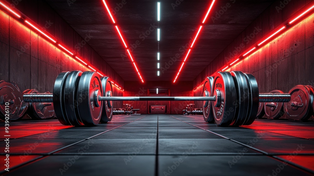 Gym filled with heavy weights and barbells illuminated by red lights, dark and energetic vibe Gym filled with heavy weights and barbells illuminated by red lights, dark and energetic vibe