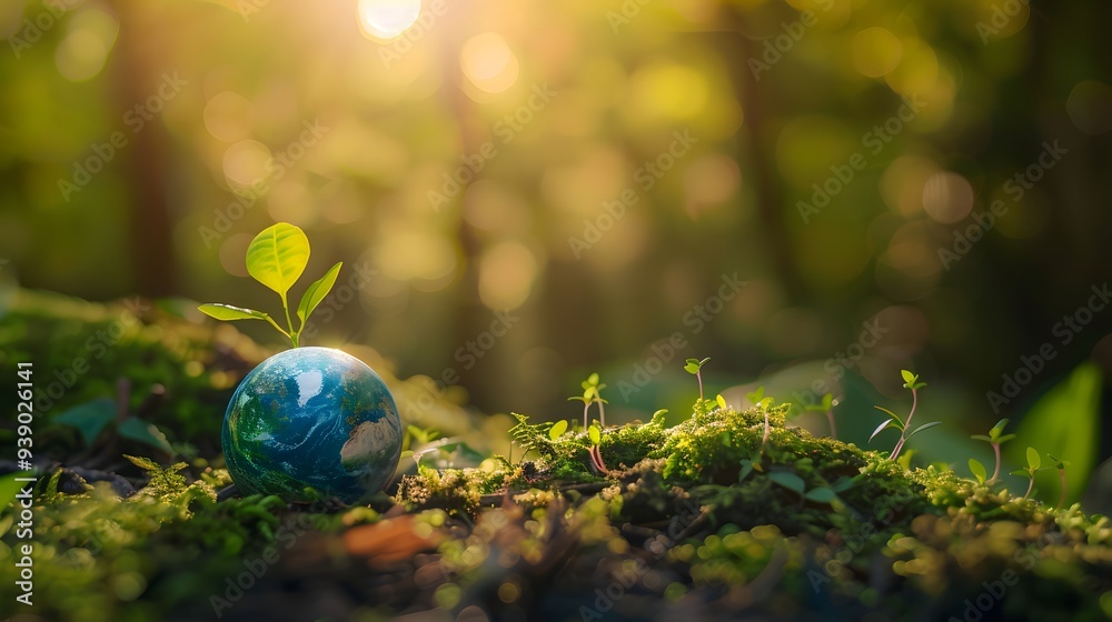 Green planet Earth with growing plants on mossy ground in a forest nature background Green planet Earth with growing plants on mossy ground in a forest nature background