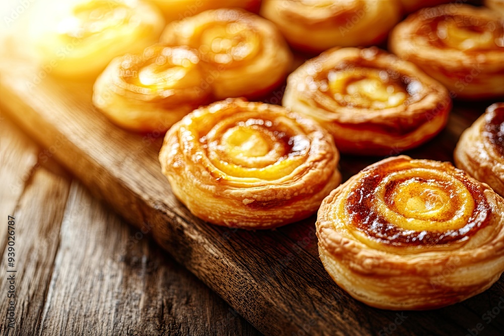 Freshly baked pastry rolls on a wooden surface, golden and flaky. Freshly baked pastry rolls on a wooden surface, golden and flaky.