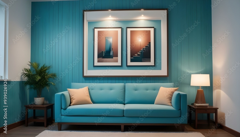Interior mockup In a white room a blue sofa is placed next to a photo frame on the wall Interior mockup In a white room a blue sofa is placed next to a photo frame on the wall
