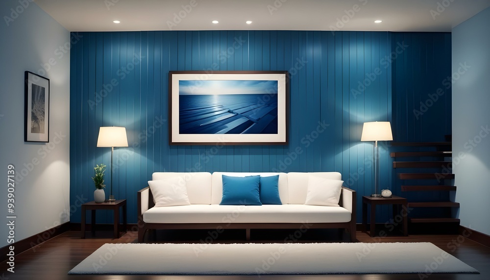 Interior mockup In a white room a blue sofa is placed next to a photo frame on the wall Interior mockup In a white room a blue sofa is placed next to a photo frame on the wall